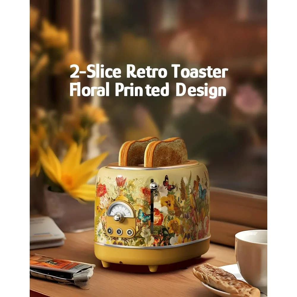 2-Slice Retro Toaster, 3 Functions-Defrost/Reheat/Cancel, Removable Crumb Tray for Easy To Clean, 1.5 Inches Extra Wide Slots