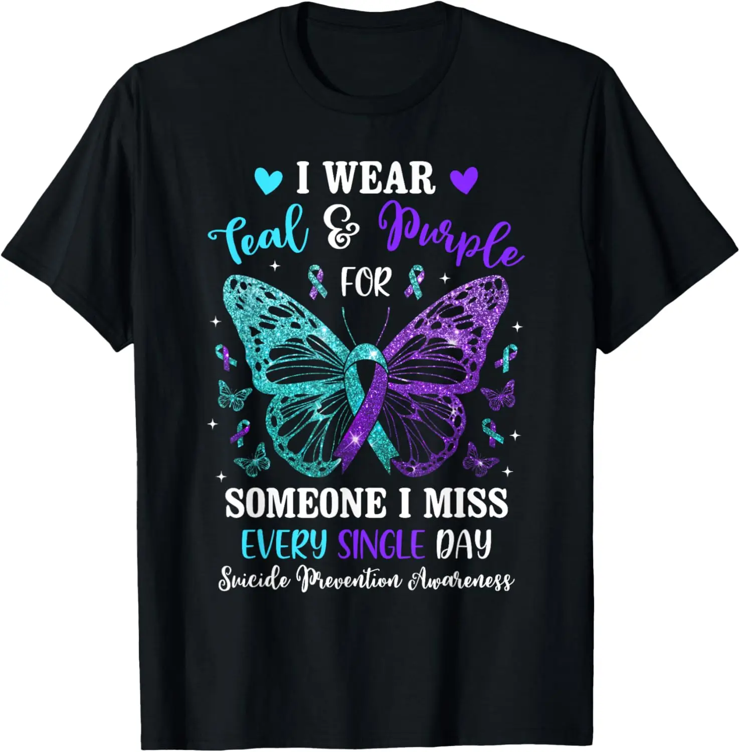 تي شيرت I Wear Teal & Purple Suicide Prevention Awareness Butterfly