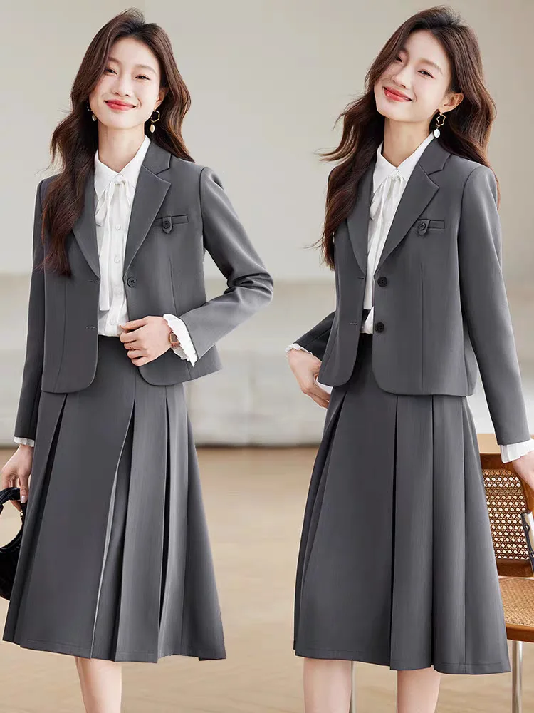 

2025 Women New Temperament Short Jackt + Pleated Half Skirt Set College Student Interview Professional Fashion Elegant Set