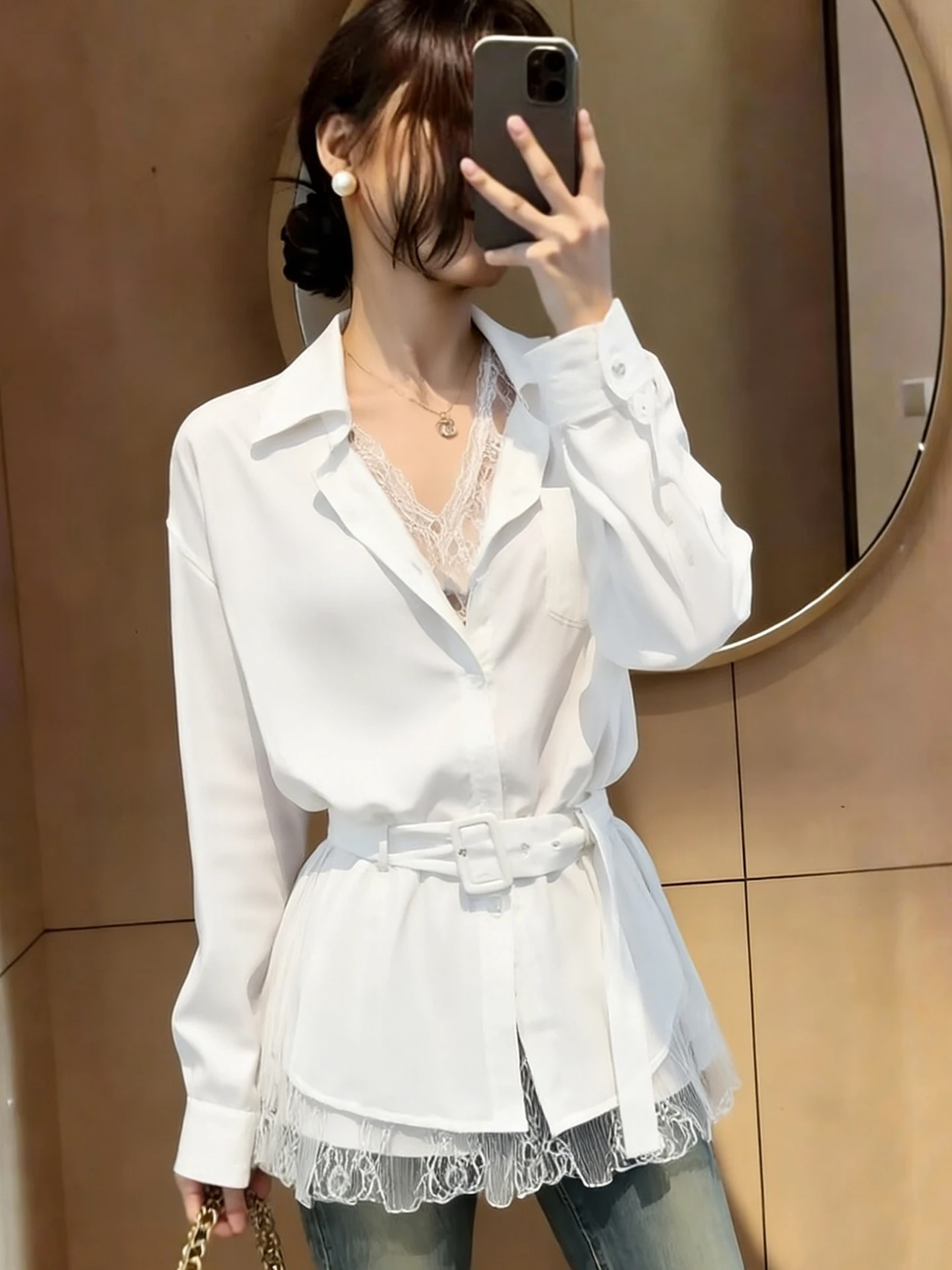 

Korean Style Beautiful Two-Piece Long Sleeve Shirt Spring 2026 Elegant Light Maturity Waist-Cinching Slimming Women's Shirt