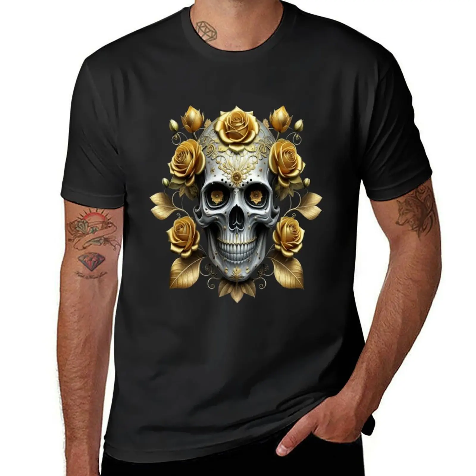 Skull adorned with intricate golden flowers T-Shirt boys animal print kawaii clothes mens clothes