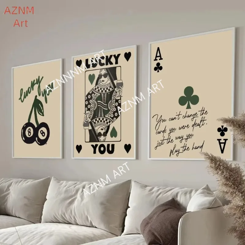 1/3 Stück Vintage Ästhetische Lucky You 8 Ball Leinwand Malerei Poster Lustige Grün Schwarz Ace Karte Wand Kunstdrucke für Rom Dekor