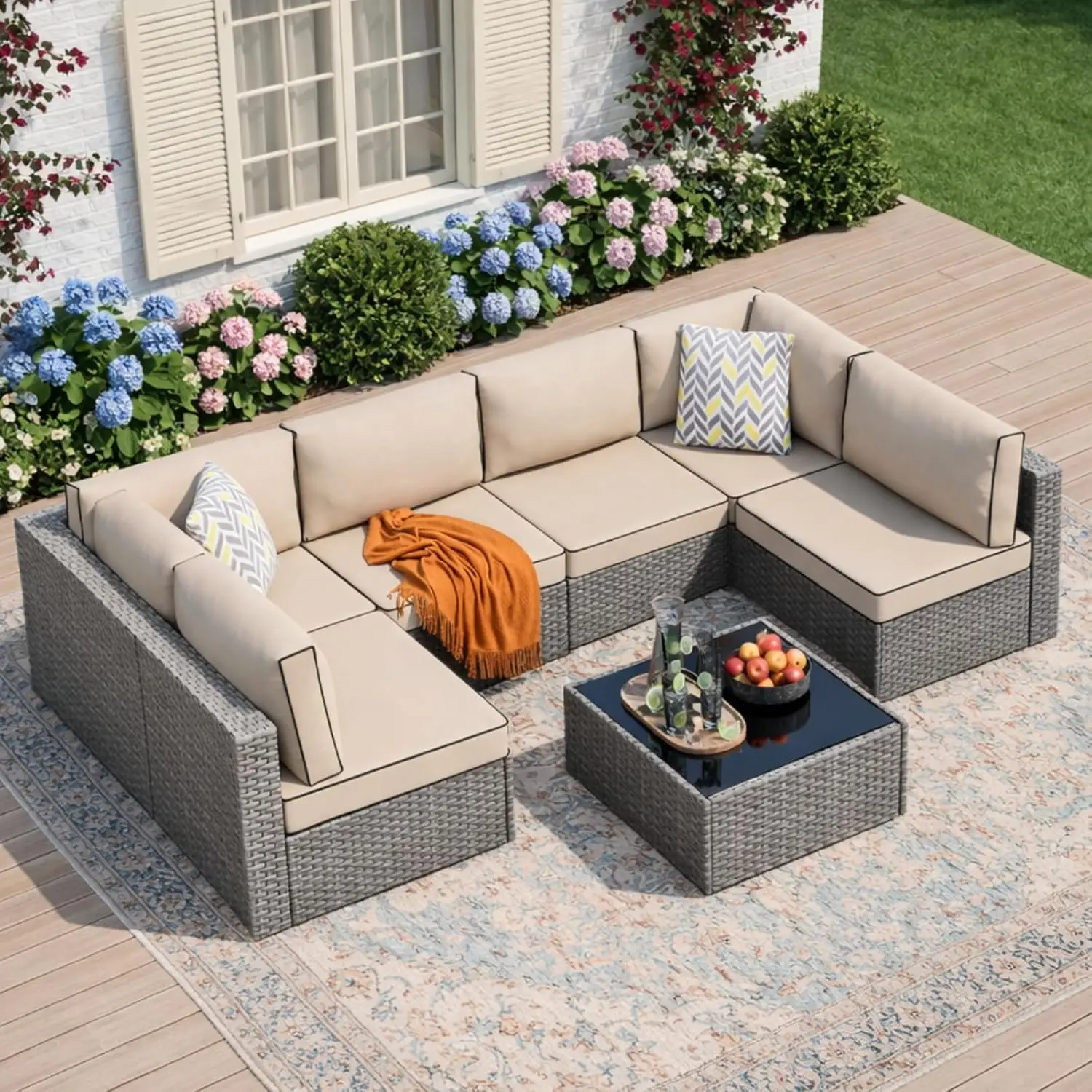 7-Piece Outdoor Patio Furniture Set, Modular PE Rattan Sectional Sofa with Thick Cushions & Glass Coffee Table,, Custom