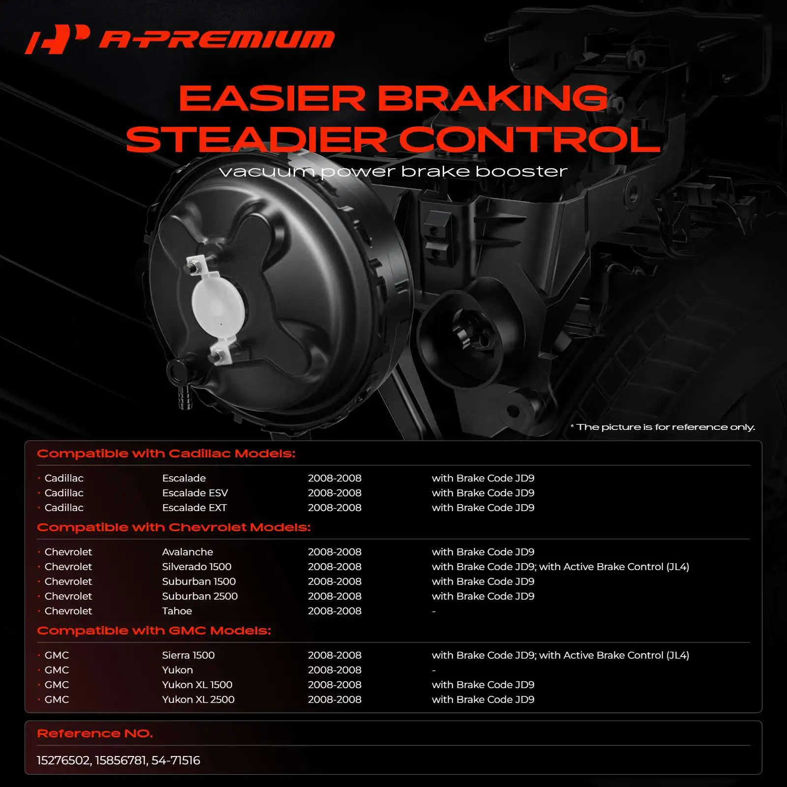A-Premium Power Brake Booster for Chevrolet Silverado 1500 Tahoe Suburban 1500 Suburban 2500 2008 GMC Sierra 1500 Yukon 2008