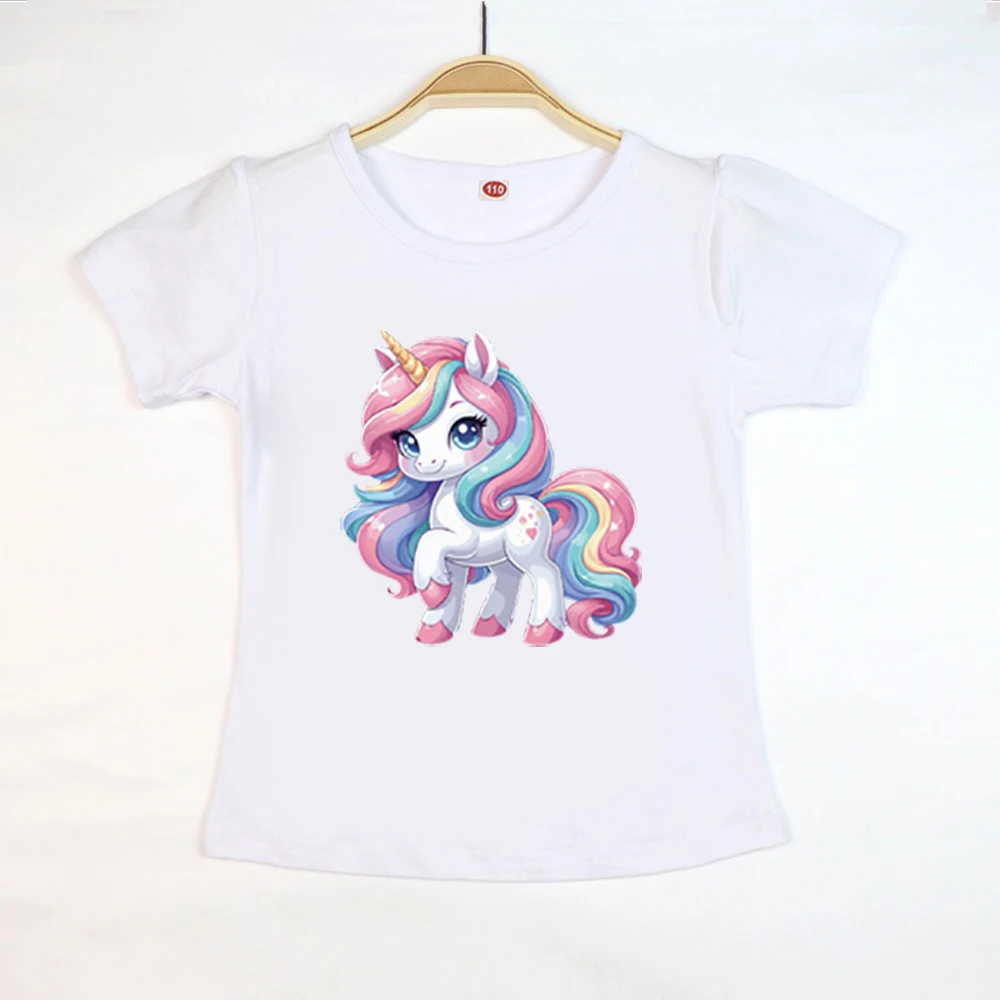 Mädchenkleidung 2-10 Jahre, Sommer, Baumwolle, Einhorn, niedliches Kinder-T-Shirt mit kurzen Ärmeln, weich, lässig, modische Kurzarm-T-Shirts für Kinder – Detail 3