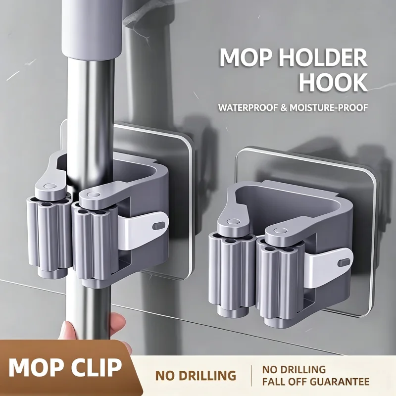 No Drill Mop Holder Hook Heavy Duty Wall‑Mounted Mop Broom Gripper Adhesive Mop Organizer for Bathroom Kitchen Storage