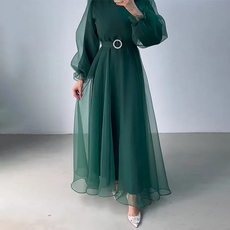 ashion Half High Collar Mesh Dress 2024 Women Solid Pleated Formal Evening Gown Robe Vestidos Spring Elegant Long Dresses