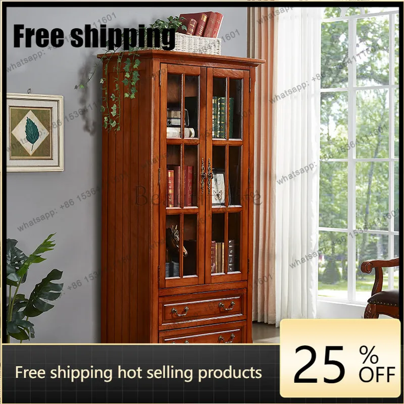 

AA Solid wood bookcase with glass door Household living room against the wall Wine cabinet Display cabinet