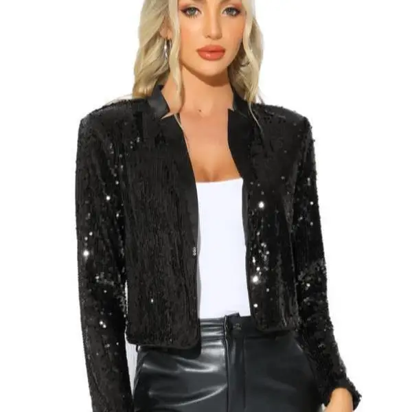 Grenzüberschreitender neuer Damen-Par Long Sve Open Front iny Sequin West Casual Sportanzug Seven-Sve T-Shirt Ort Hosen