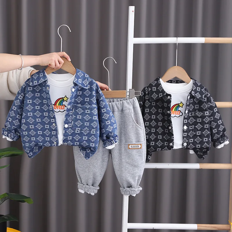 2024 Spring Autumn Kids Boys 3PCS Clothes Set Rainbow Embroidery Shirt Printed Denim Coat Sports Pants Suit Toddler Boys Outfits