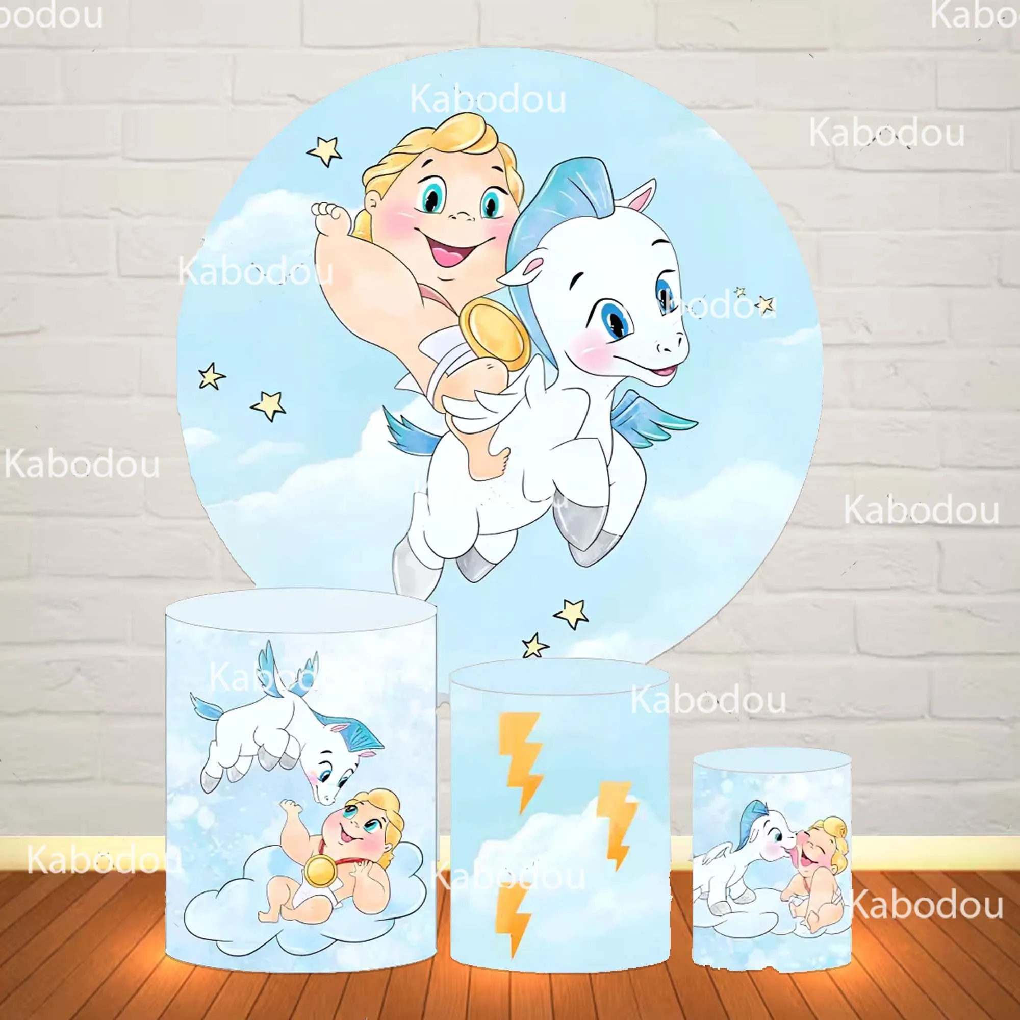 Hercules Baby Blue Backdrop Round Boy Birthday Party Baby Shower Photography Background Decor Cylinder Cover for Photo Booth