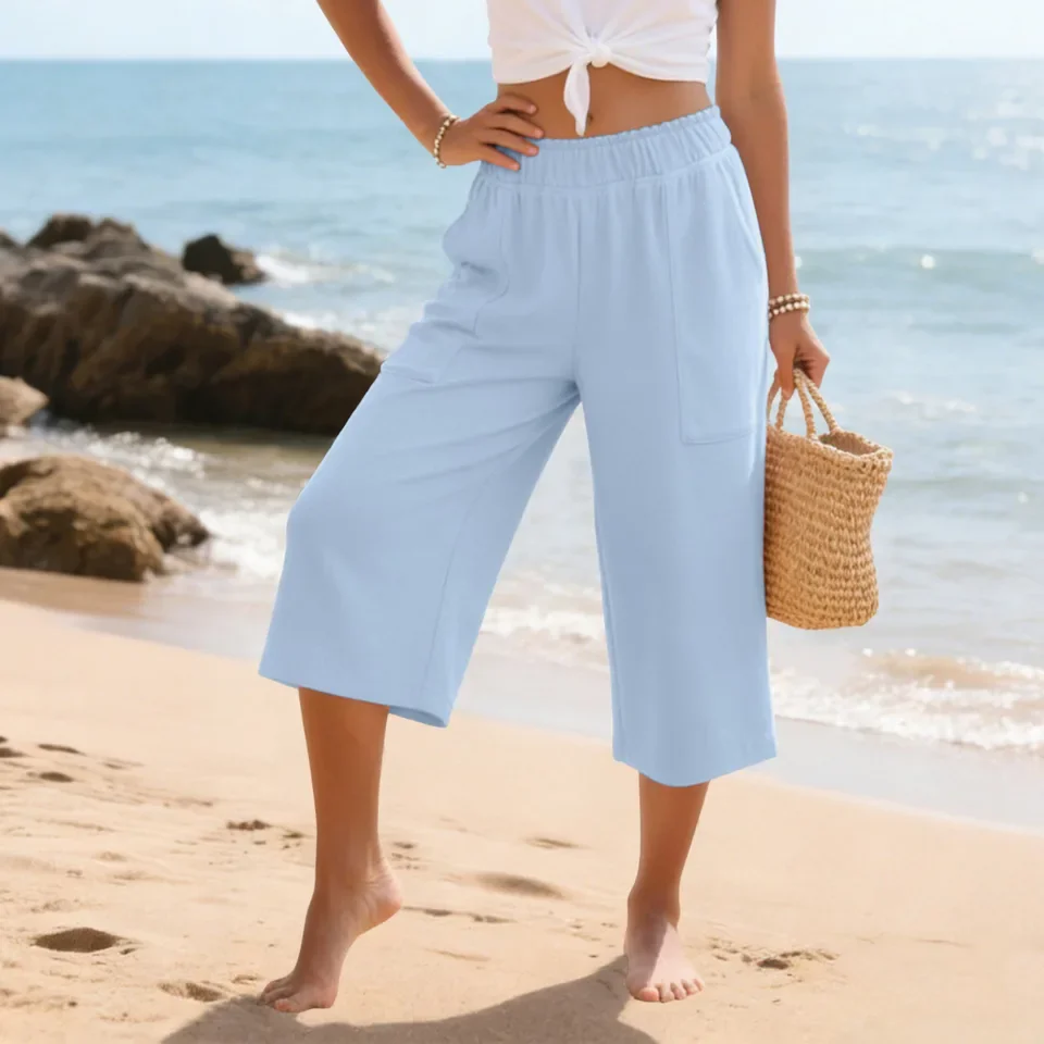 Capri Pants For Women Cotton Linen Loose Straight Leg Trousers Elastic Waist Capris Summer Solid Beach Pants With Pockets