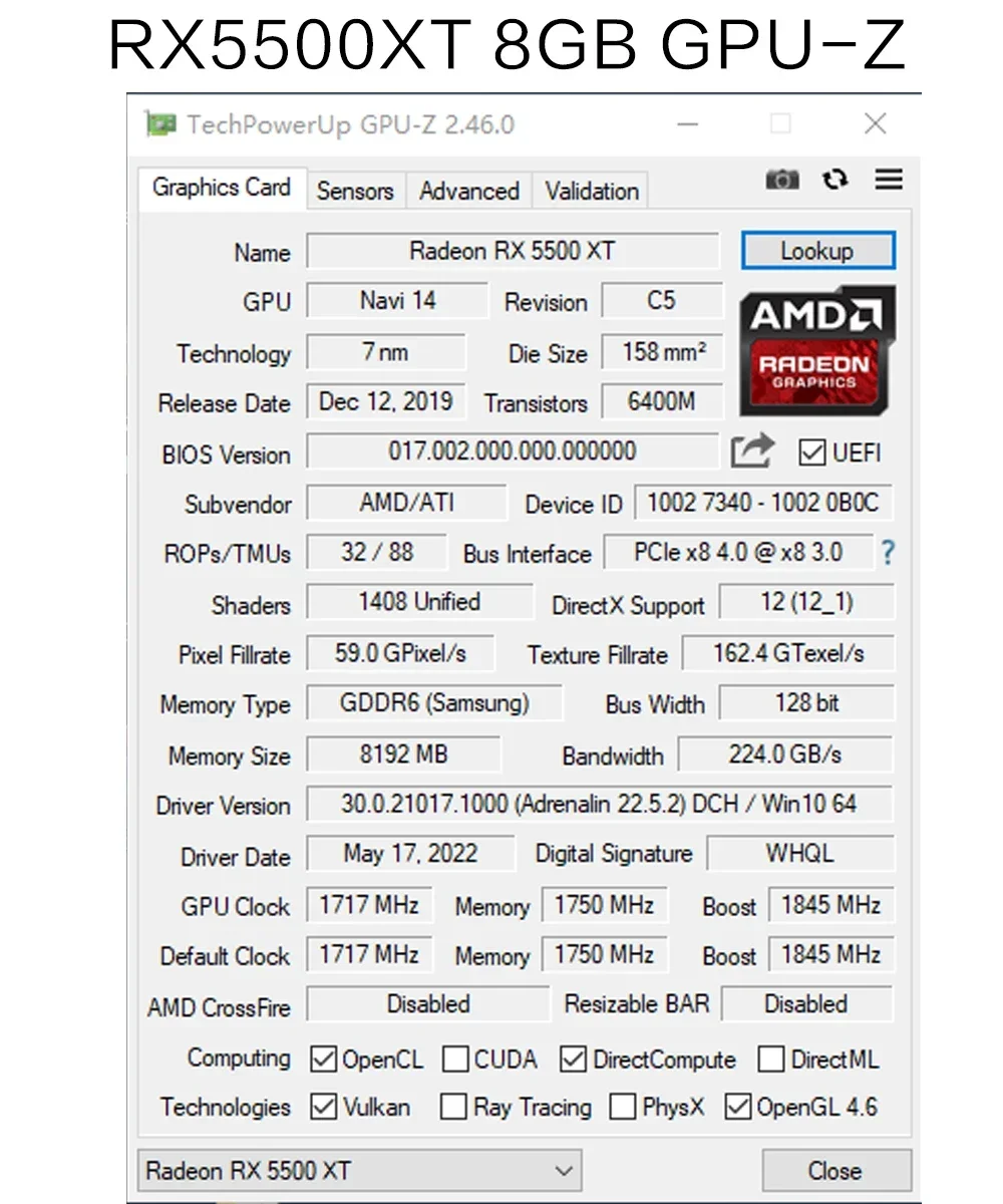 MLLSE-Carte mémoire AMC RX 5500XT, 8 Go, 7nm, 128 bits, GDDR6, 8 broches, PCI Express, 4.0x8, 1717MHz, jeux de bureau