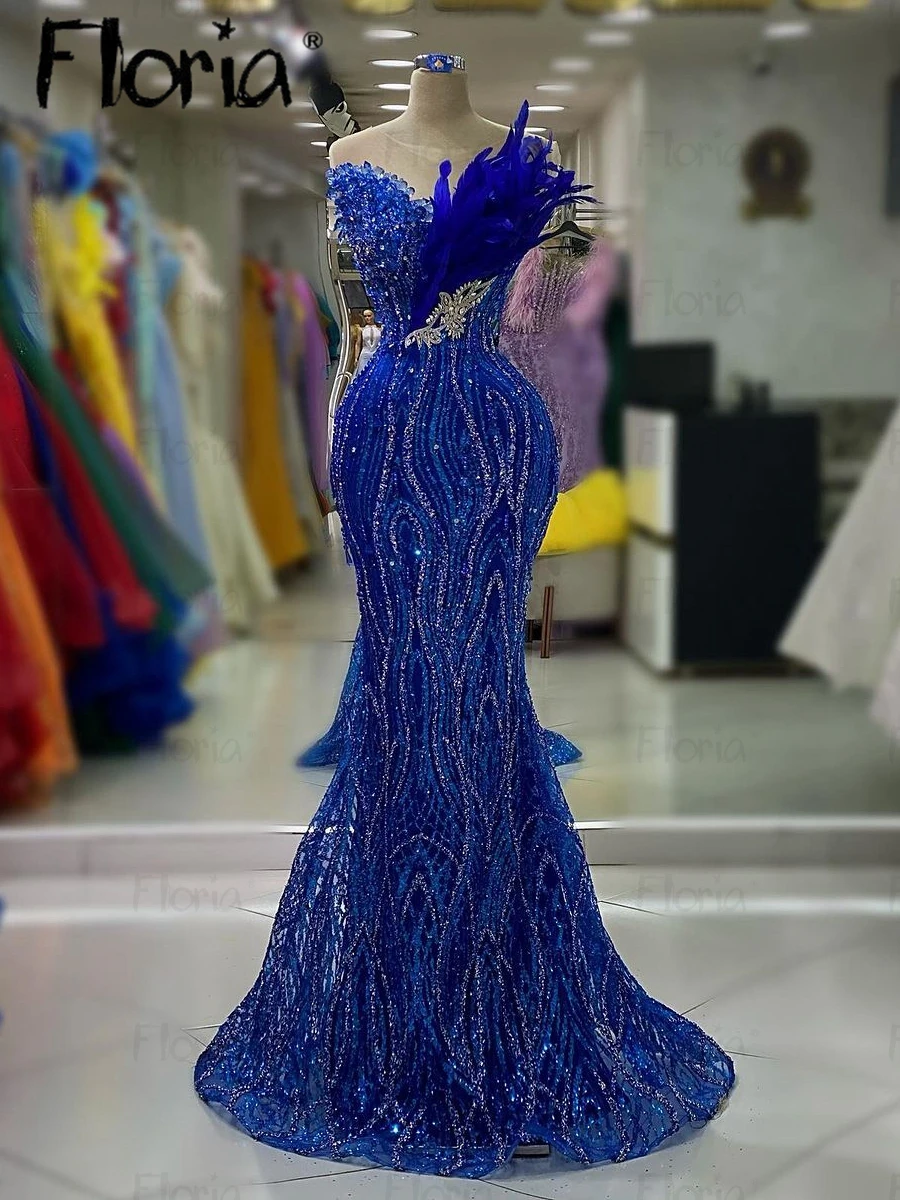 Hermoso vestido de noche sin mangas de sirena azul real para mujer, vestidos de fiesta de boda de plumas de lujo, vestido de celebridad ostentoso