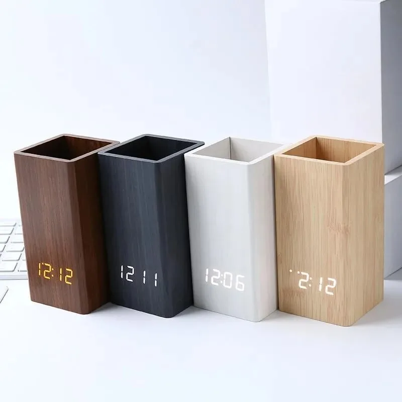 Wooden Organizer Pen Holder with LED Digital Alarm Clock Temperature Date Display Home Office Desktop Decoration Storage Box
