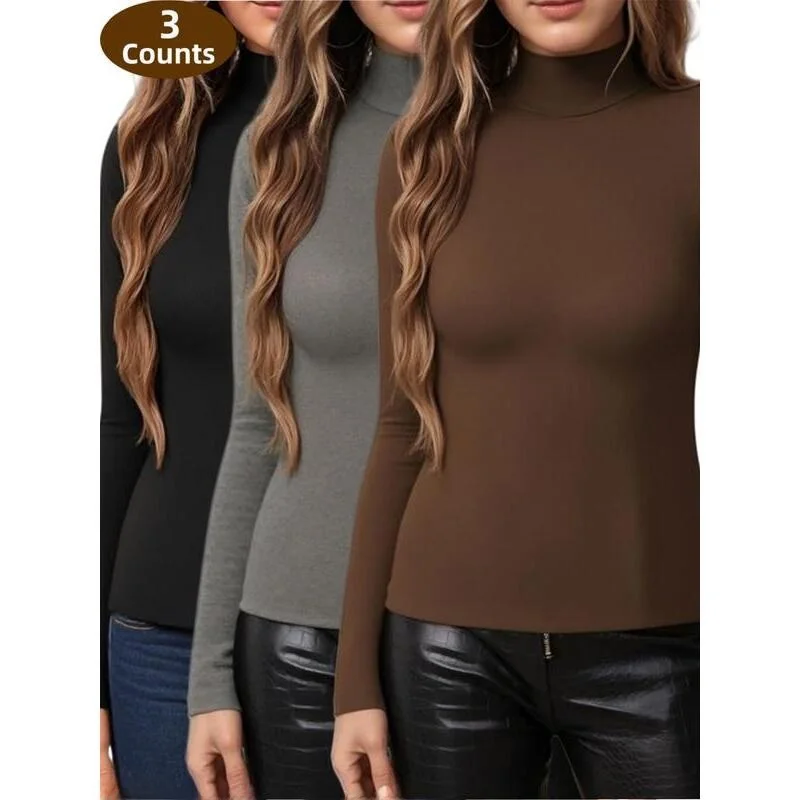 Luxe Curve 3 Counts Women's Plain Long Sleeve Thermal T-shirt Comfortable Breathable Casual Fashion Ladies' Top