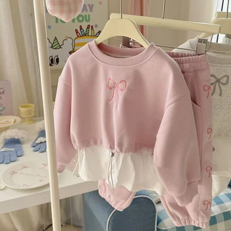 

Girls' Spring Set Children's New Style Butterfly Bow Fake Two piece Sweater Korean Version Baby Girls' Elegant Leisure 2 Pcs