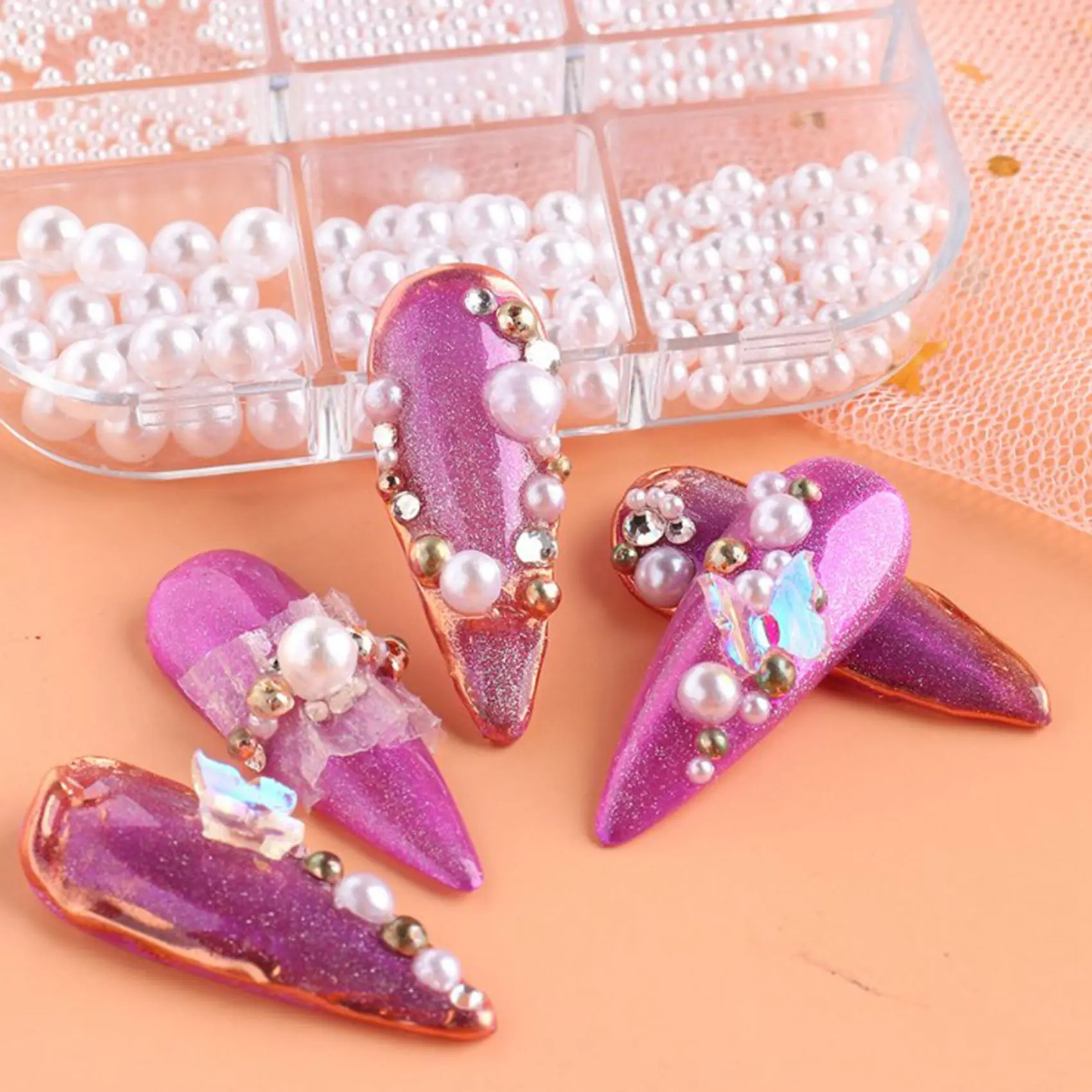 A05G-1Box pérola decorações encantos do prego branco redondo peças do prego contas de aço ouro bolas jóias acessórios da arte do prego