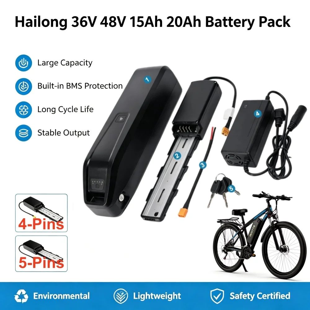 Hailong Ebike Battery (4-5 Pins) 36V 48V 10Ah 15Ah 20Ah for Amyet EB26 Ridstar Q20 OUXI V8 H9 RCB RK29M Mukkpet GL Electric Bike