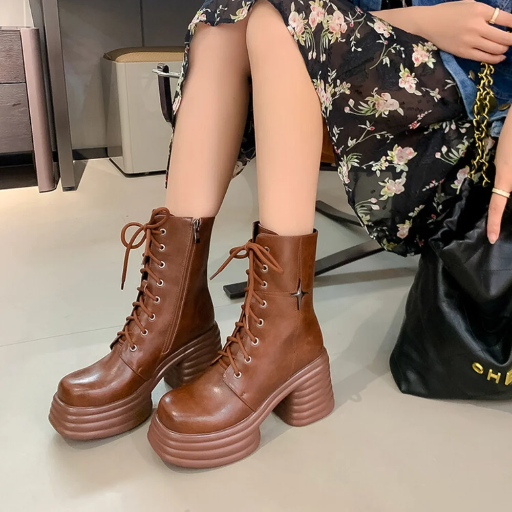 Brown Short Boots Women Genuine Leather Platform Chunky Heel Ankle Boots Fashion Gothic Style Modern Boots High Heels Shoes