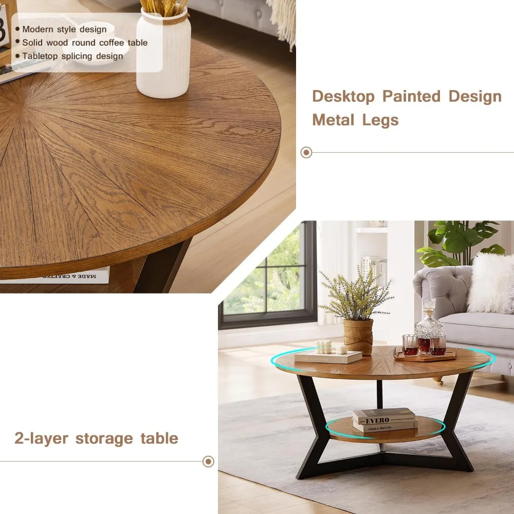 Coffee Table, Round Wood Coffee Table for Living Room with 2-Tier Table Top with Storage Rack, Metal Leg Triangle Support Design