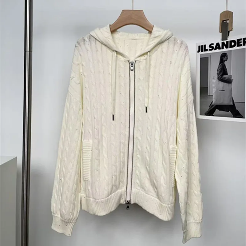 

Женский высококачественный сверхпрочный шерстяной вязаный кардиган с бисером и пайетками, свободная повседневная куртка с капюшоном