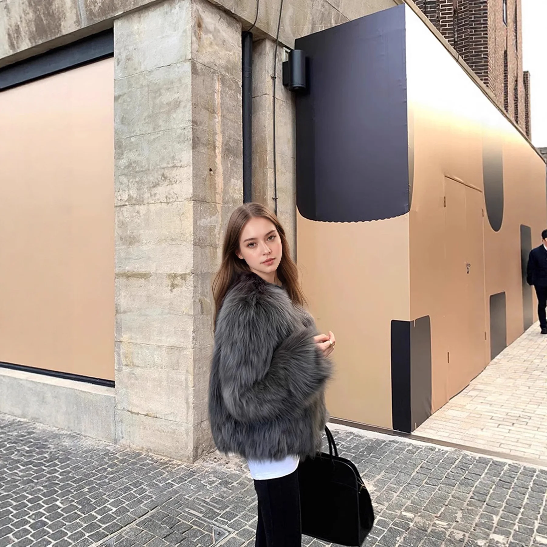 فو الفراء معاطف النساء سترات من الفرو قصيرة الخامس الرقبة طويلة الأكمام المفتوحة غرزة سميكة الدافئة الفراء فضفاضة مكتب سيدة عادية 2025 الخريف الشتاء #4