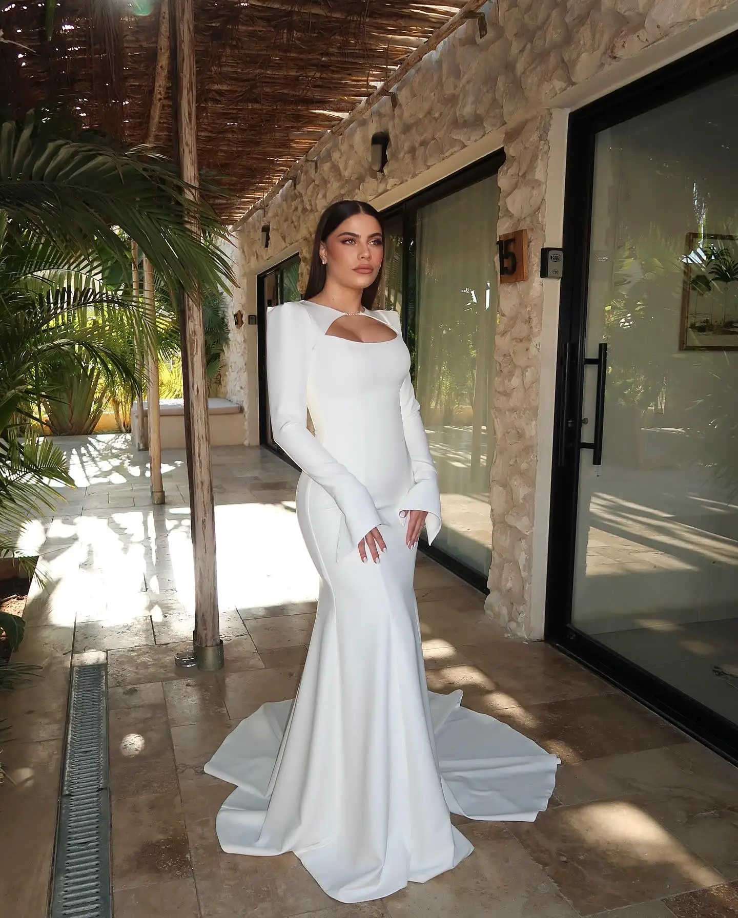

Customized High Quality Mermaid Strapless Long Sleeves Evening Dresses Graceful Pleats White Vestido De Festa Vestido De Noche
