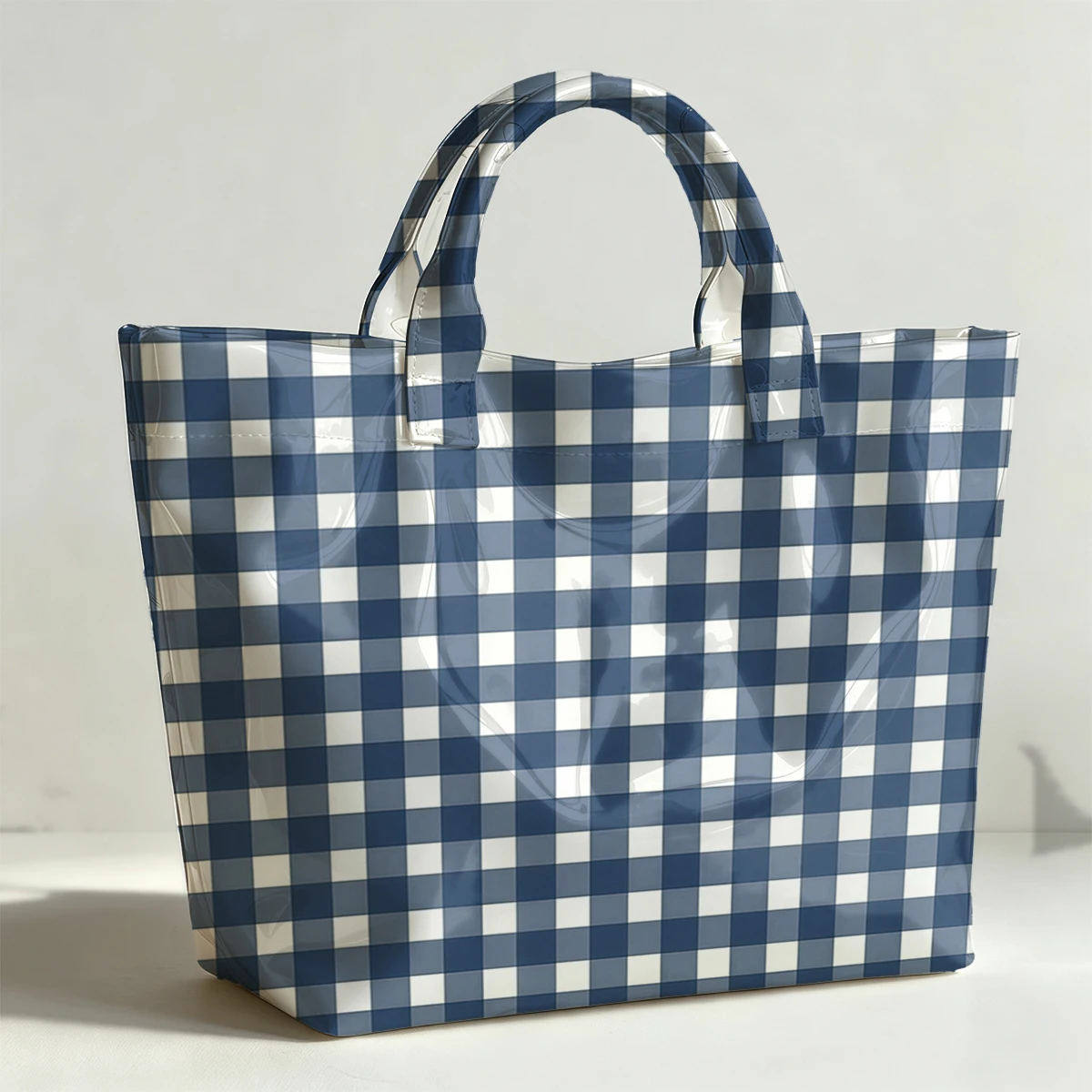 Blue & White Checkerboard Fashion Bag Transparent PVC Waterproof Handbag Large Capacity Daily Commute Shoulder Tote Mummy Bag