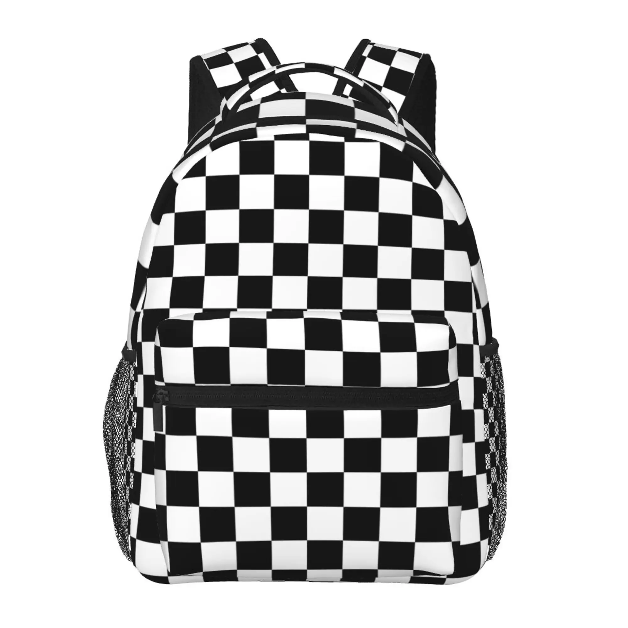 Black And White Squares Plaid Backpack Classic Basic Water Resistant Casual Daypack for Travel with Bottle Side Pockets