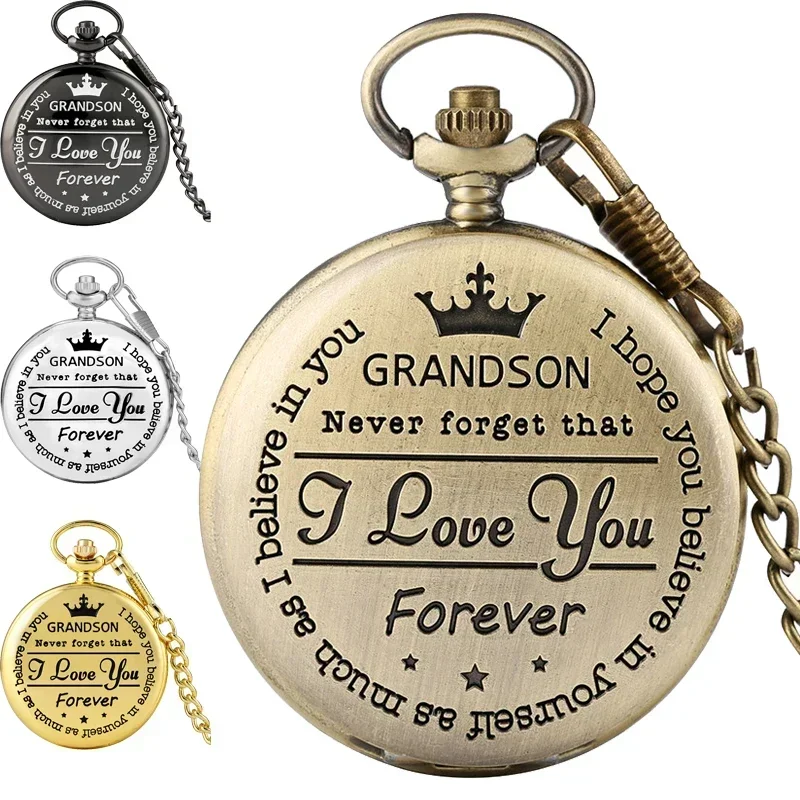 To My Grandson I Love You Forever Personalized Analog Quartz Pocket Watch for Boy Kids Fob Clock Pendant Chain Roman Number Gift