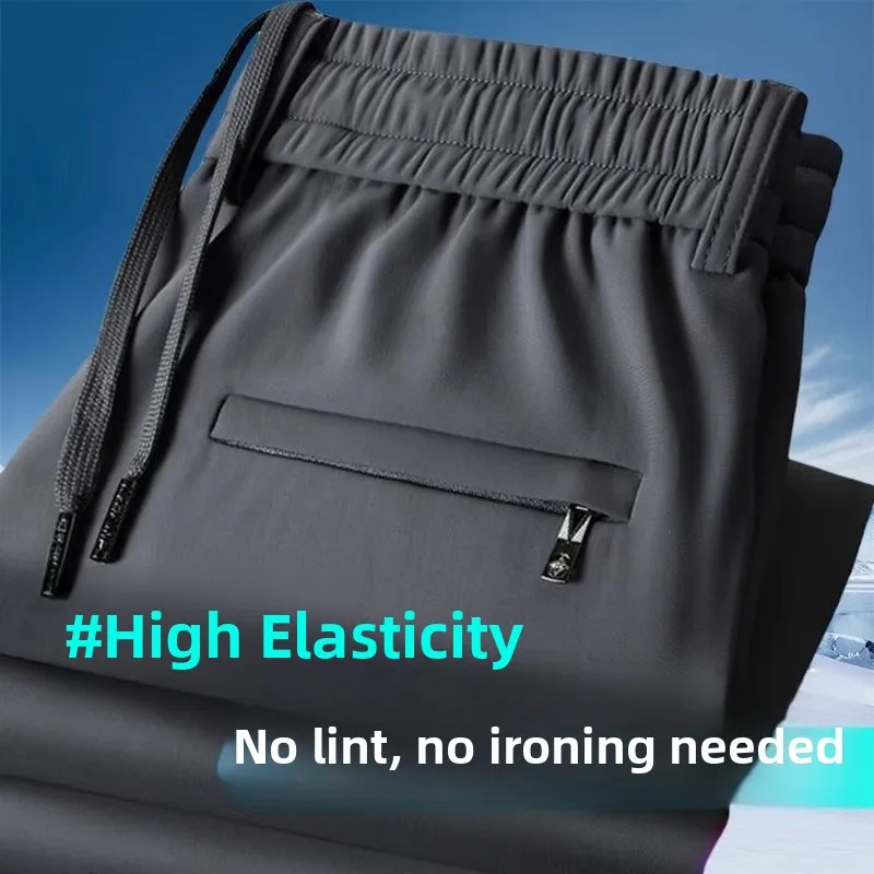 بنطلون رجالي صيفي فضفاض من نسيج الحرير الجليدي، ملابس عمل مع جيوب بسحاب، بنطلون رياضي طويل مستقيم الساق من ألياف البوليستر