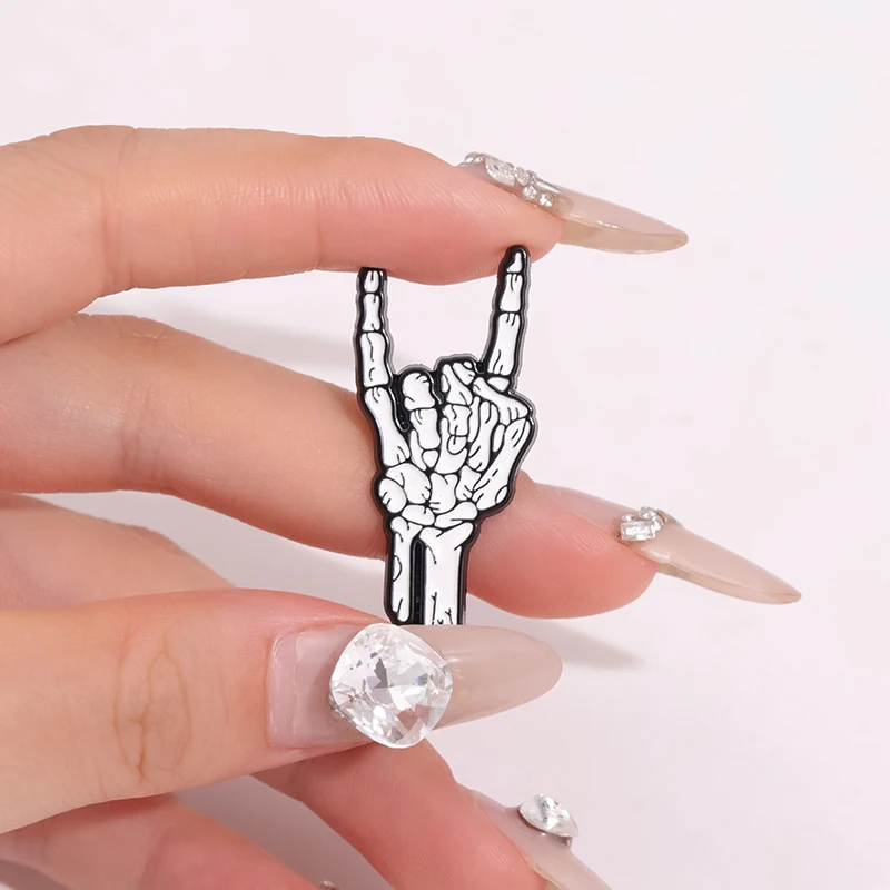Rock Band Gestures Enamel Pins Custom Halloween Skeletal Finger Joints Brooches Lapel Badges Punk Gothic Jewelry Gift For Kids