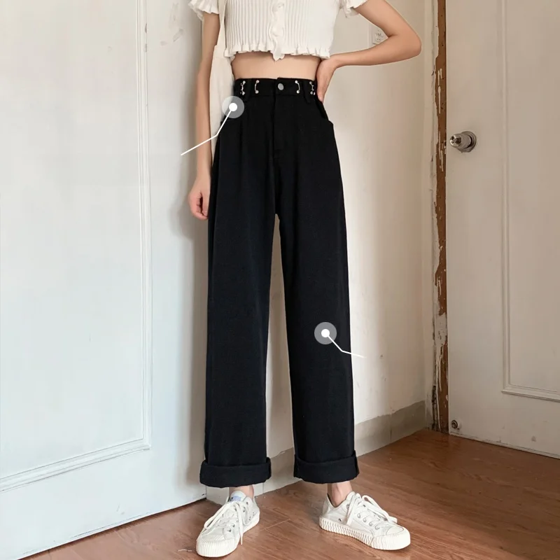 بنطلون جينز Bla عالي الخصر وواسع الساق للنساء فضفاض ومستقيم ورقيق للصيف بالإضافة إلى مقاس كبير بطول الأرض