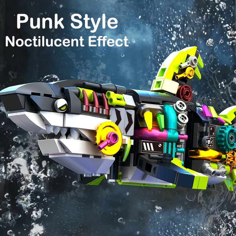 Punk Stijl Mechanische Haai Bouwstenen Set Zeedieren Model Noctilucent Effect Home Decor Kinderen Volwassenen Montage Speelgoed Gift