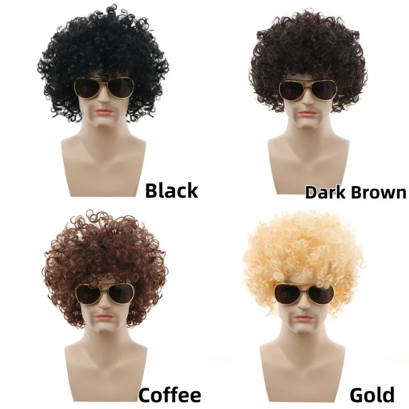 วิกผมสังเคราะห์แบบหยิกฟู หมวกคลุมผมสำหรับผู้ชาย สไตล์แอฟริกัน วิกผมปลอมสำหรับดิสโก้ ฮิปปี้ ร็อค ปาร์ตี้ ฮาโลวีน คอสเพลย์