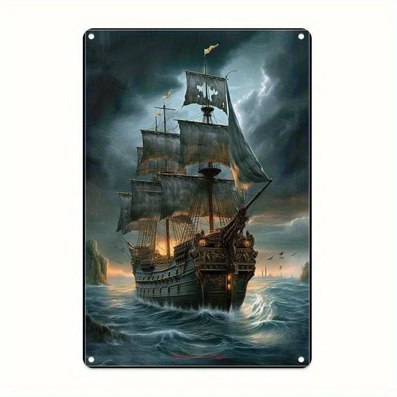 Vintage Nautical Sailing Ship Metal Wall Art Sign -   Rustic Home Decor for Living Room, Kitchen, Office, Cafe - Easy to Hang, D