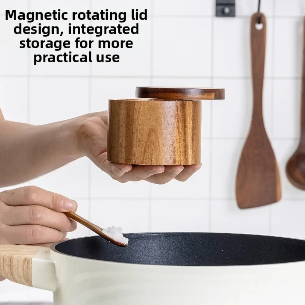 1PCS Salt Seasoning Jars Acacia Wood Salt Shaker Spice Container Condiment Box Kitchen Storage Magnetic Lid With Spoon Slot