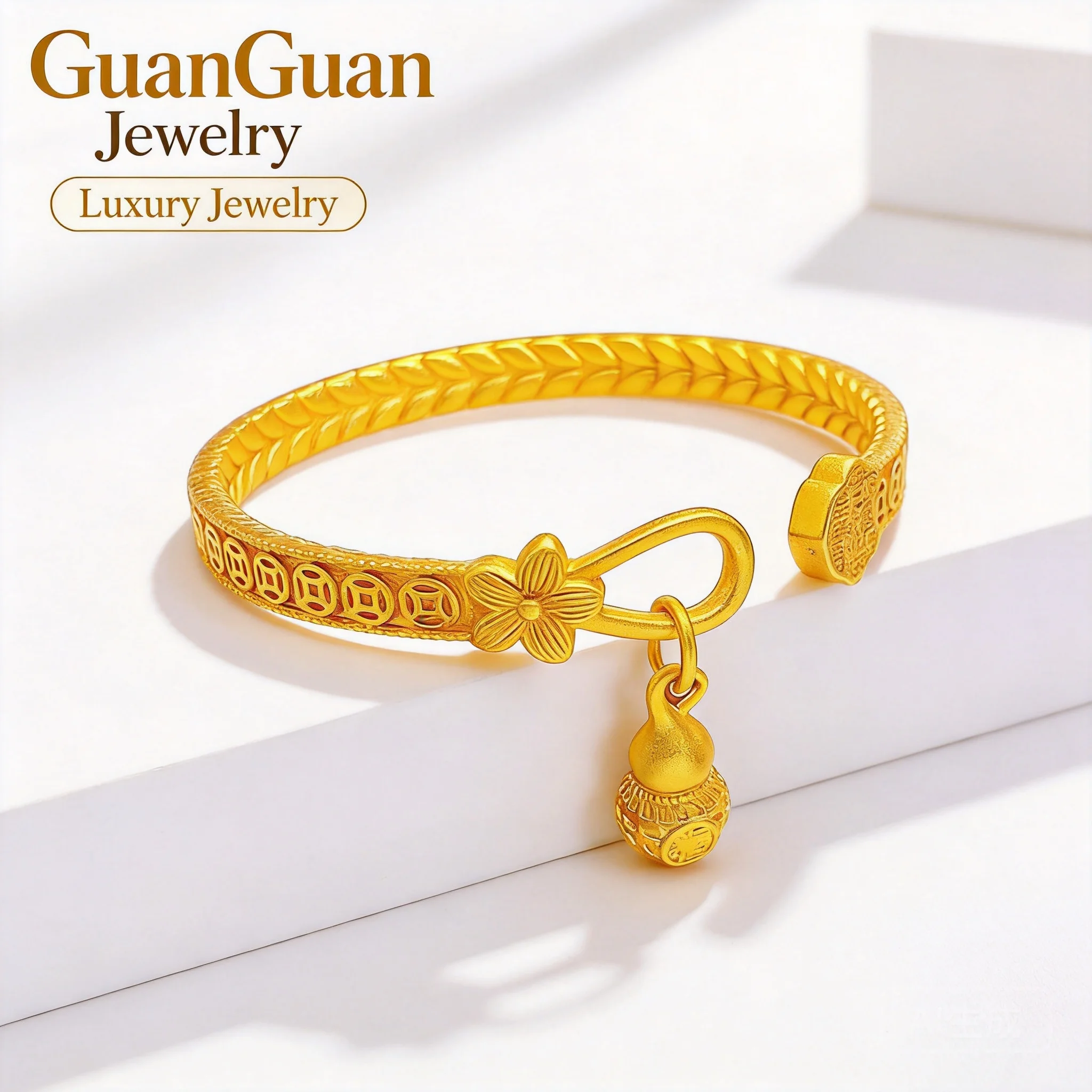 

2026 Chinese Style Brass Gold Plated Open Cuff Bangle With Lucky Gourd Pendant Retro Light Luxury Jewelry For Women Daily Wear