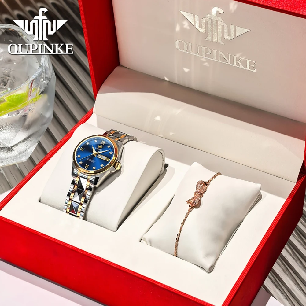 OUPINKE 3262 Women's Watch Fashion Luxury Dual Calendar Automatic Mechanical Watches For Woman Tungsten Steel Ladies Hand Clock