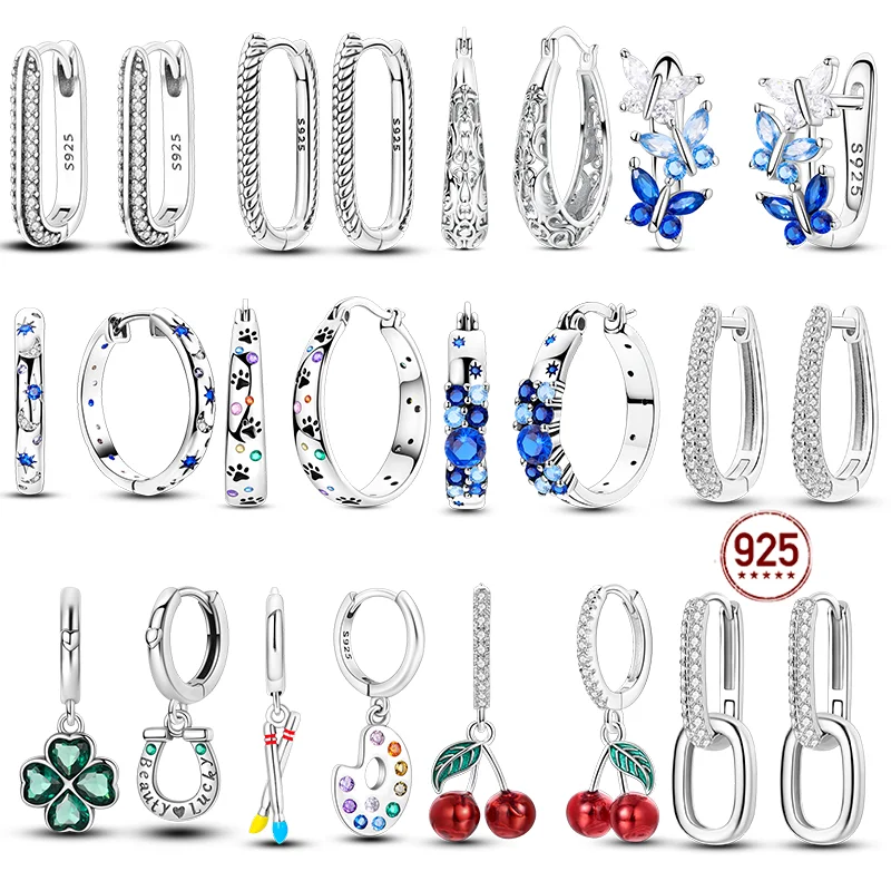 925 Sterling Silver Women Earrings Cherry Butterfly Painting Hoop Earrings Gifts Jewelry Wedding Anniversary