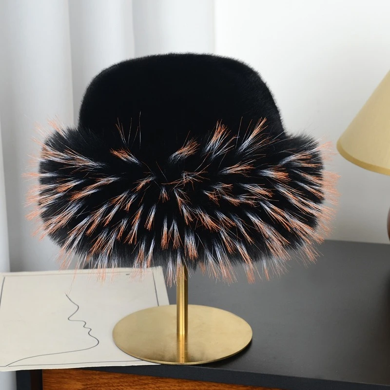 Faux Fur Mongolian Hat for Women Color Tip Plush Warm Winter Ear Flap Hat Soft Outdoor Ski Cap