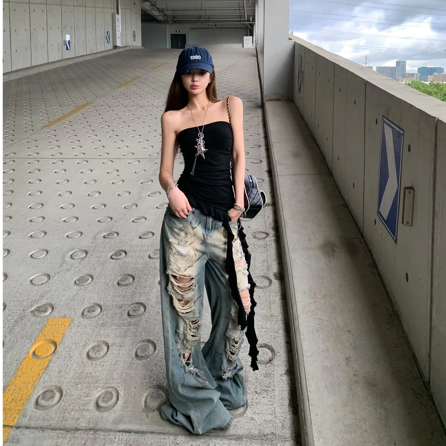 

Summer Hot Girl Strapless Crop Top Women's Vintage Loose Wide Leg Jeans Casual High Waist Straight Leg Long Pants No Sleeve