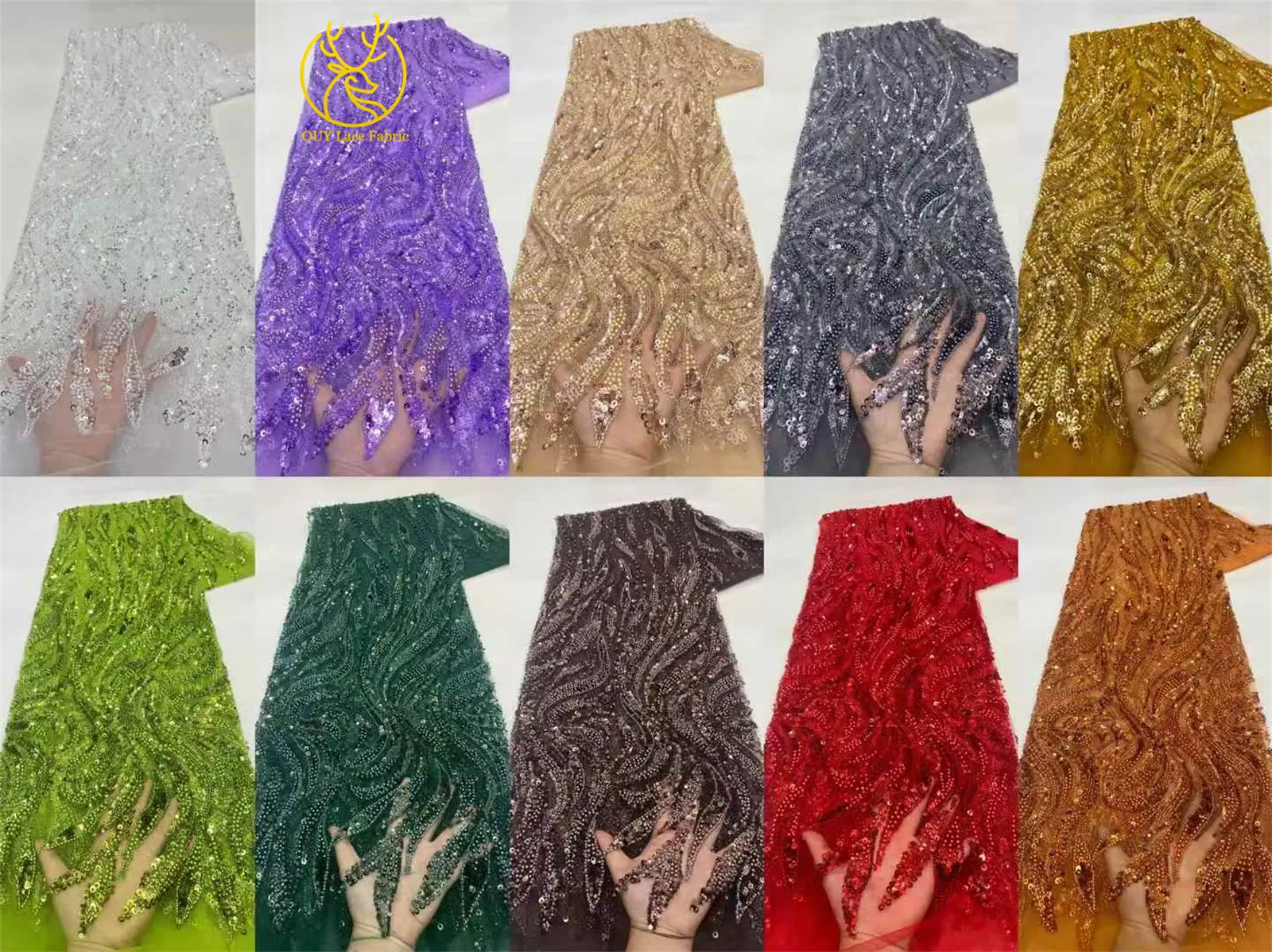 Green African Beaded Sequins Lace Fabric Hot Sale Nigeria French Groom Embroidery Mesh Tulle Lace For Women Wedding Dress Party