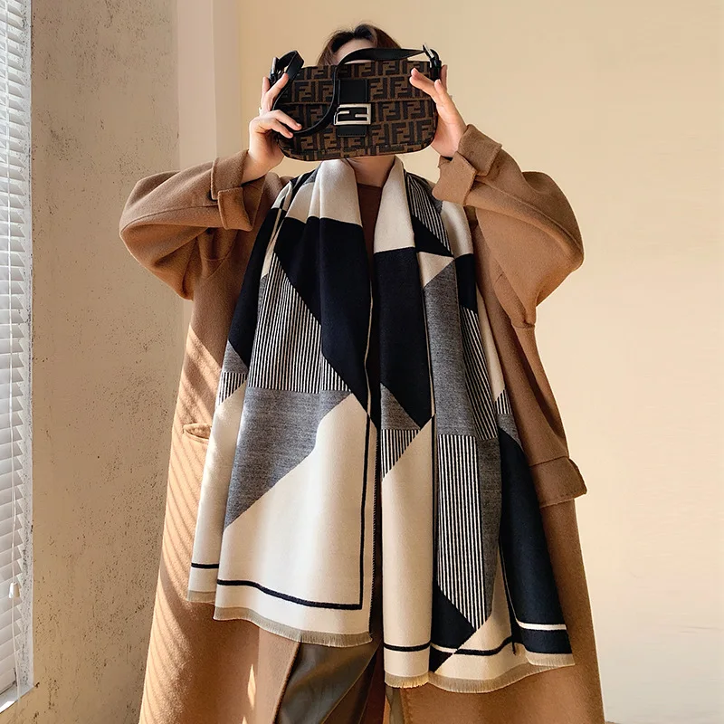 

Noble Contrast Color Geometry Stripe Acrylic Cashmere Scarf Long Shawl Fashion Winter Neckercheif Women Summer Cape Wraps