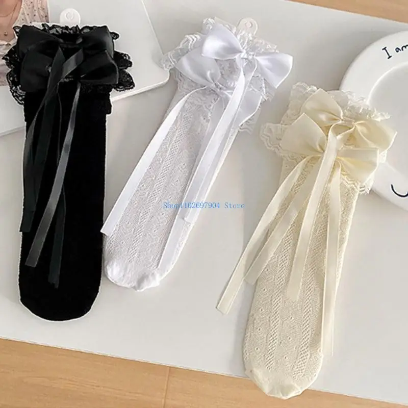 

N7YF Women Sweet Bowknot Long Socks Hollowed Ruffle Lace Over the Calf Socks