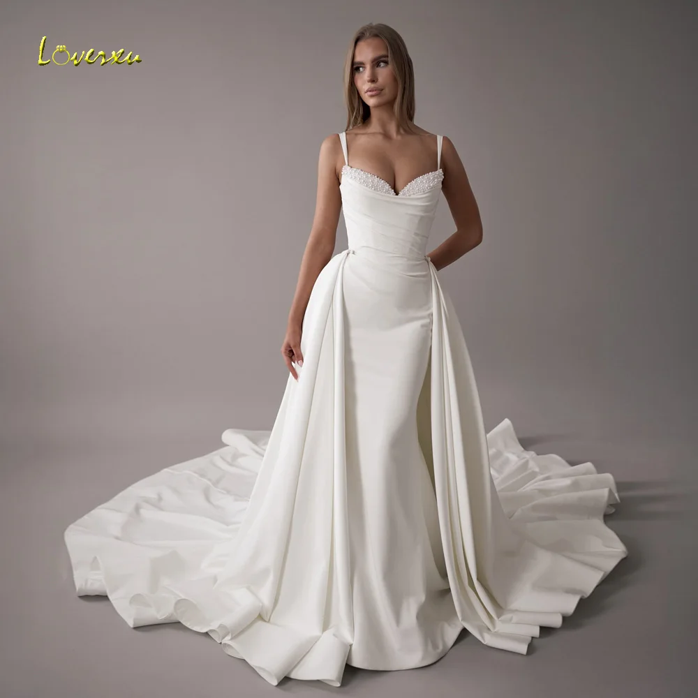 Loverxu Mermaid Sexy Wedding Dresses Spaghetti Straps Vestido De Novia Lace Bead Detachable Train Satin Custom Made Bridal Gown