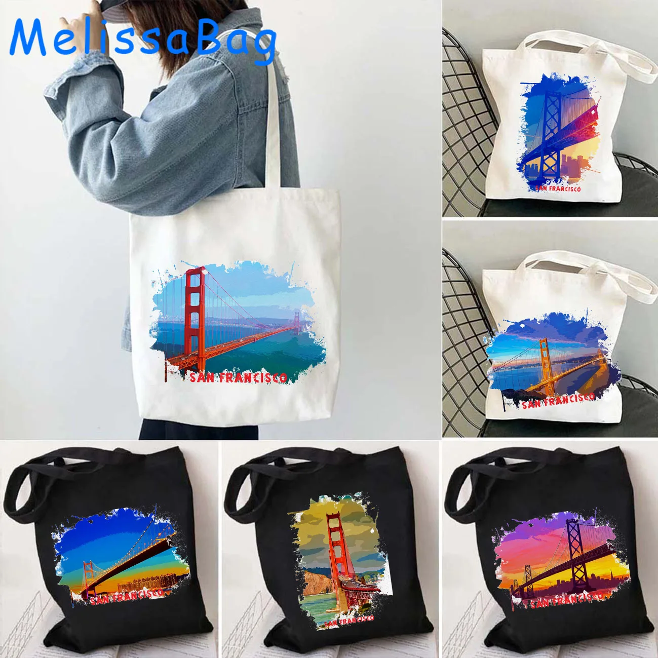 San Francisco Golden Gate Bridge United States Watercolor Ink Oil Painting Shoulder Canvas Tote Bag Harajuku Shopper Eco Handbag