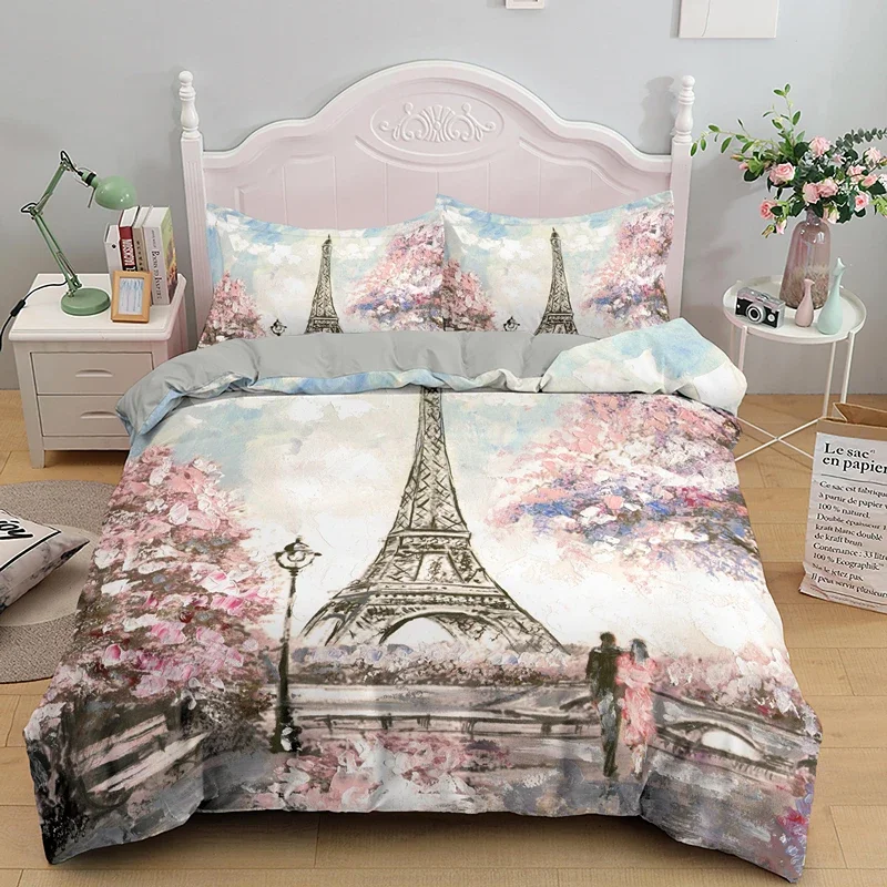 Eiffel Tower King Queen Duvet Cover Paris Famous Architecture Bedding Set Adults Romantic Scenery 2/3pcs Polyester Quilt Cover