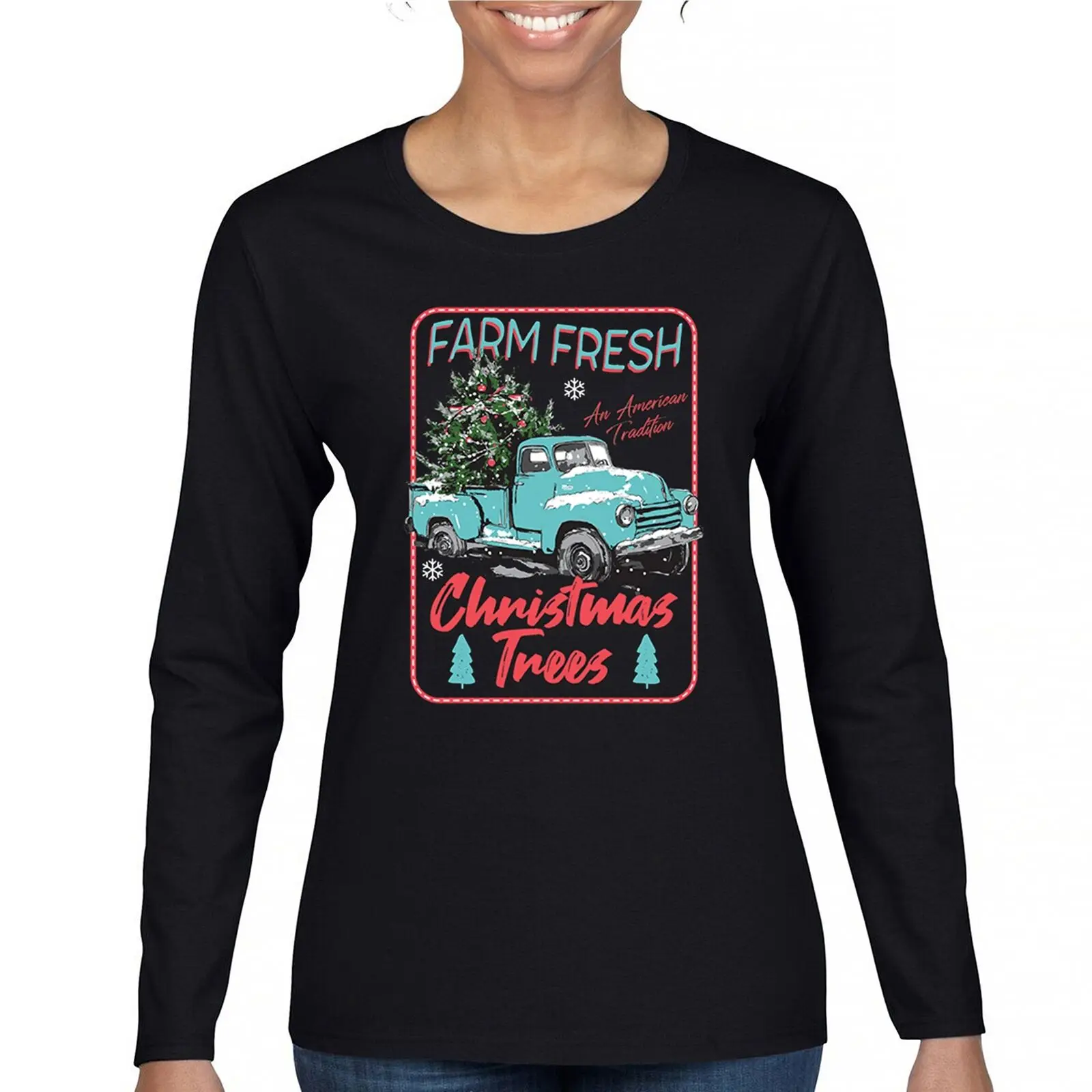 

Farm Fresh Christmas Trees Women's Long Sleeve T-shirt American Tradition Xmas